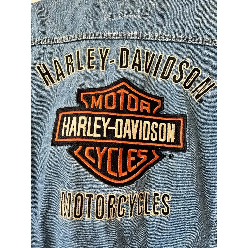Harley Davidson Motorcycles Embroidered Denim Jean Vest Blue XL